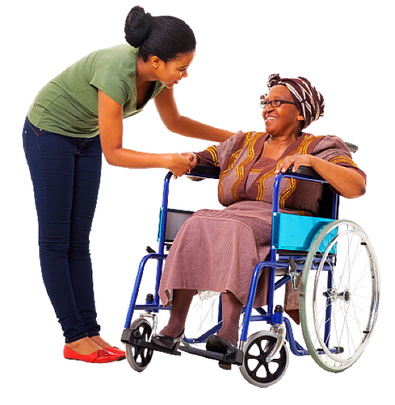 caregiver and an elderly woman on a wheelchair chatting